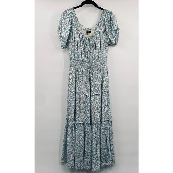 J Crew Puff Sleeve Floral Maxi Dress Tiered Smocked Waist Teal White Pink 2 - Picture 2 of 10